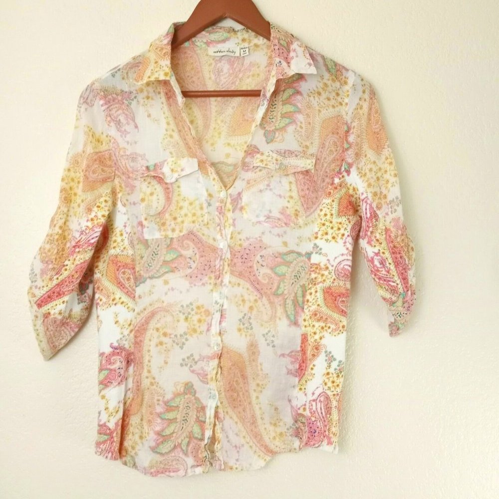 Cotton Daisy Rainbow Paisley Button Up Top Size Medium Lightweight Colorful